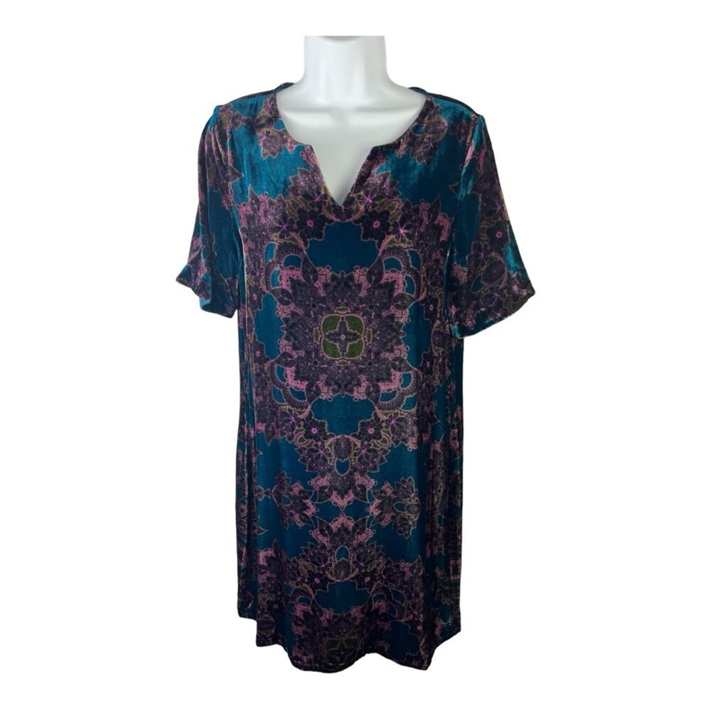 Sundance Nomi Velvet Velour Silk Blend Split Neck Dress Short Sleeve sz S